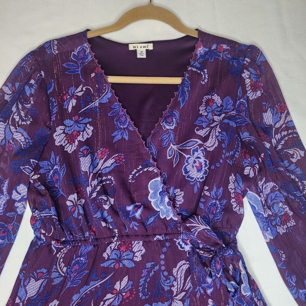 Mi Ami Womens Dress Size Medium Purple Blue Long Sleeve Qtap Dress Flowy Ruffle